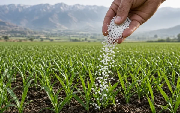 پخش کود سرک نیتروژن روی مزرعه گندم در شروع رشد بهاره